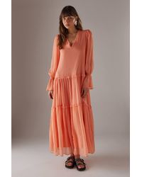 Warehouse - Premium Raw Edge Georgette Tiered Maxi Dress - Lyst