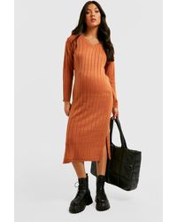 Boohoo - Maternity V Neck Slouchy Knitted Midi Dress - Lyst