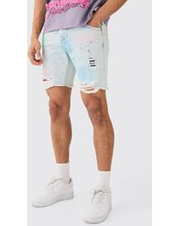 Boohoo - Skinny Ripped Paint Splatter Denim Shorts In Light Blue - Lyst