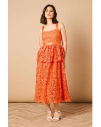 Oasis - Cross Strap Tiered Lace Midi Dress - Lyst