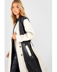 Boohoo - Color Block Faux Leather Trench Coat - Lyst