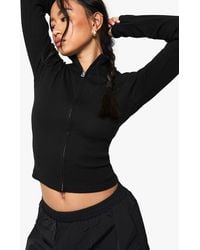 Boohoo - Rib Zip Through Long Sleeve Top - Lyst