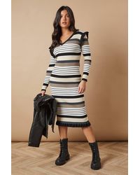 Oasis - Petite Striped Ribbed Frill Shoulder V Neck Knitted Midi Dress - Lyst
