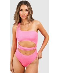Boohoo - Crinkle Cut Out One Shoulder Bathing Suit - Lyst