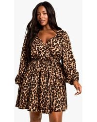 Boohoo - Plus Leopard Wrap Smock Dress - Lyst
