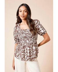 Dorothy Perkins - Zebra Shirred Bodice Puff Sleeve Peplum Top - Lyst