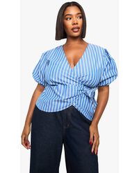 Boohoo - Plus Sleeve Striped Wrap Detail Top - Lyst