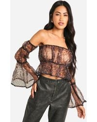 Boohoo - Organza Print Bardot Crop Smock Top - Lyst