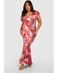 Boohoo - Plus Marble Satin Ruffle Sleeve Maxi Dress - Lyst