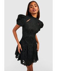 Boohoo - Premium Crochet Lace Puff Sleeve Mini Dress - Lyst