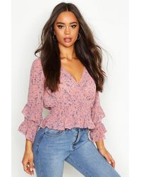 Boohoo Woven Floral Print Ruffle Detail Blouse - Pink