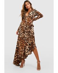 Boohoo - Leopard Print Asymetric Ruffle Hem Maxi Dress - Lyst