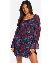 Boohoo - Floral Crinkle Chiffon Long Sleeve Smock Dress - Lyst