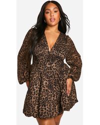 Boohoo - Plus Milkmaid Woven Leopard Bubble Hem Skater Dress - Lyst
