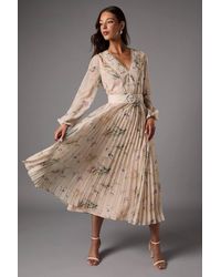 Coast - Long Sleeve V Neck Pleated Midi Dress With Belt - Lyst