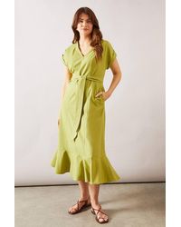 Wallis - Linen Mix Belted Midi Dress - Lyst