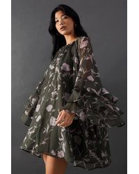 Warehouse - Floral Chiffon Ruffle Volume Sleeve Mini Smock Dress - Lyst