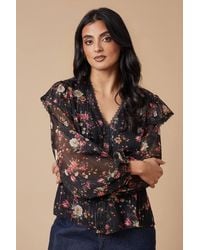 Oasis - Floral Metallic Chiffon Lace Trim Ruffle Sleeve Blouse - Lyst