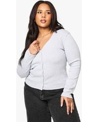Boohoo - Plus V Neck Ribbed Button Down Top - Lyst
