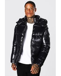 Boohoo - Regular Fit High Shine Puffer Jacket In Black - Lyst