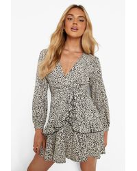 Boohoo - Leopard Print Ruffle Wrap Skater Dress - Lyst