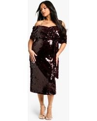 Boohoo - Plus Premium Sequin Off The Shoulder Midi Dress - Lyst
