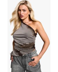 Boohoo - Printed Mesh One Shoulder Ruched Top - Lyst