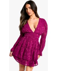 Boohoo - Petite Paisley Burnout Puff Sleeve Ruched Skater Dress - Lyst