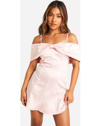 Boohoo - Petite Bardot Bow Satin Mini Dress - Lyst