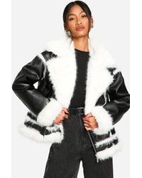Boohoo - Faux Fur Trim Oversized Aviator Jacket - Lyst