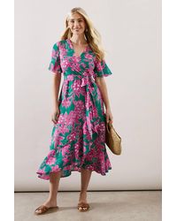 Wallis - Petite Floral Ruffle Wrap Belted Midi Dress - Lyst