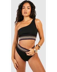 Boohoo - Aztec Tape One Shoulder Rib Bikini Top - Lyst