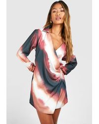 Boohoo - Abstract Satin Wrap Shirt Dress - Lyst