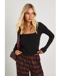 Boohoo - Ribbed Button Through Square Neck Long Sleeve Top - Lyst