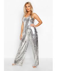 Boohoo Womens Plus Sequin Strappy Wide Leg Jumpsuit - Gray