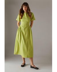 Warehouse - Seersucker Organza Godet Side Puff Sleeve Midi Dress - Lyst