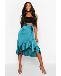 Boohoo Womens Satin Wrap Ruffle Hem Midi Skirt - Blau