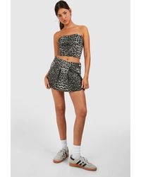 Boohoo - Leopard Print Pleated Denim Tennis Skirt - Lyst