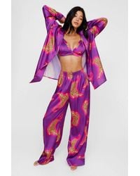 Nasty Gal - Satin Leopard 3Pc Shirt Bralette & Pants Pajama Set - Lyst