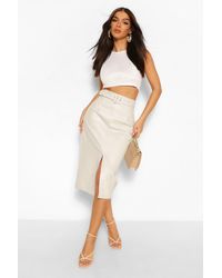 Boohoo Belted Split Front Leather Look Midi Skirt - Natural