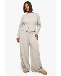 Boohoo - Plus Rib Button Cardigan Sleeve Top And Trouser Co-Ord - Lyst