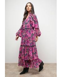 Oasis - Printed Cape Detail Lace Trim Boho Maxi Dress - Lyst