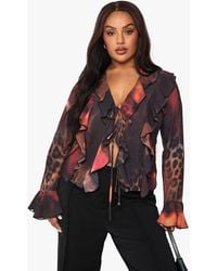 Boohoo - Plus Mixed Leopard Tie Front Ruffle Blouse - Lyst