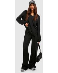 Boohoo - Tall Textured Relaxed Open Collar Top And Wide Leg Trouser - Lyst