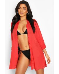 Boohoo Womens Oversized Strandhemd Aus Baumwolle - Rot