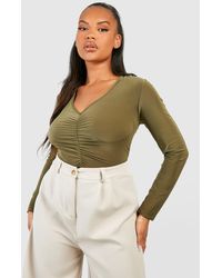 Boohoo - Plus Ruched Front V Neck Long Sleeve Bodysuit - Lyst