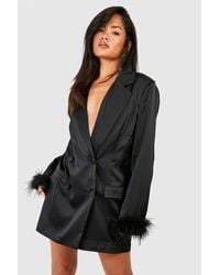 Boohoo - Matte Satin Double Breasted Feather Trim Blazer Dress - Lyst