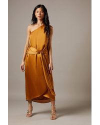 Warehouse - Crinkle Chiffon One Shoulder Tie Front Midi Dresses - Lyst