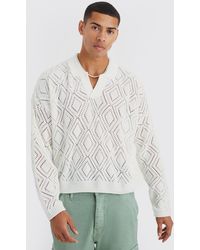 Boohoo - Long Sleeve Boxy Fit Revere Open Knit Polo - Lyst