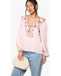 Boohoo - Hammered Satin Ruffle Blouse - Lyst
